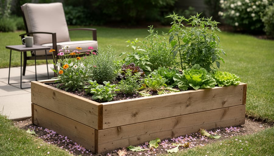 Raised bed garden with mixed flowers and herbs viewed from ground level