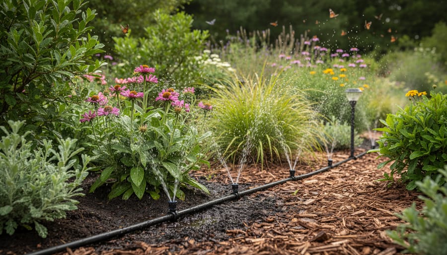 Soaker hose watering a mulched garden bed with a watering can nearby