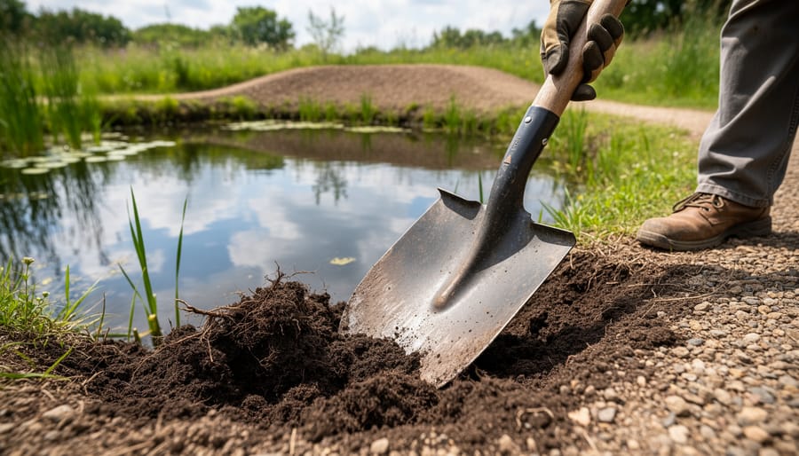 Sturdy garden shovel resting in freshly turned soil near a small wildlife-friendly water feature