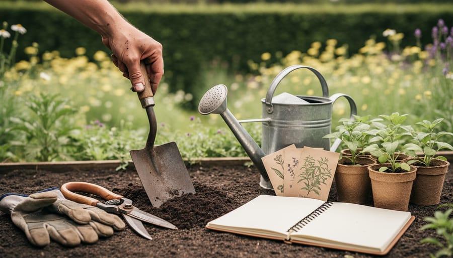 Hand tools, gloves, watering can, seedlings in containers, and a blank garden notebook arranged in a wildlife-friendly garden bed.