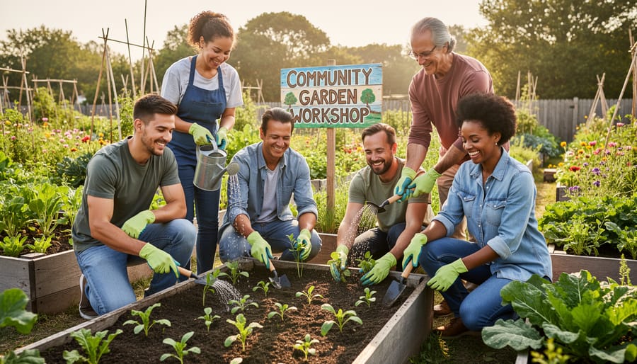 Volunteers planting seedlings and spreading mulch in a community garden bed during a volunteer training event.