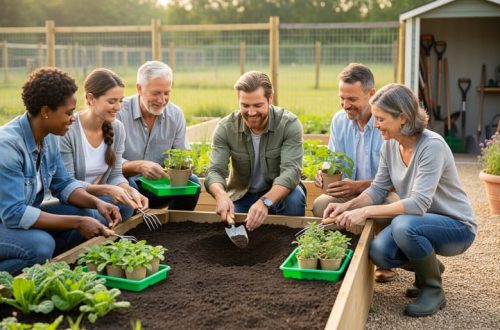 “An outdoor community garden workshop where an instructor demonstrates soil preparation beside raised beds while participants hold gardening tools and seedlings.”