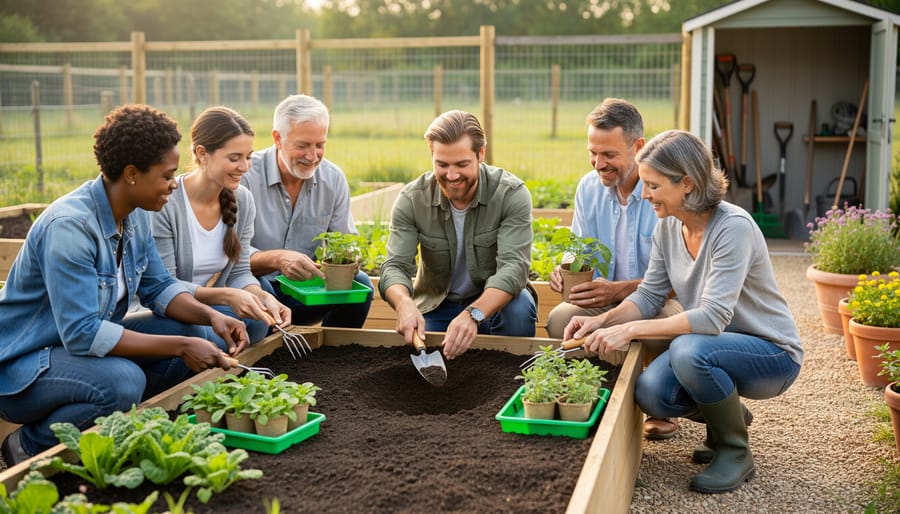 “An outdoor community garden workshop where an instructor demonstrates soil preparation beside raised beds while participants hold gardening tools and seedlings.”