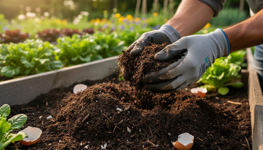 Close-up of a person holding finished compost during a composting and soil health demonstration.