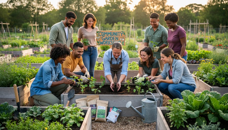 Instructor and participants gather in a community garden classroom surrounded by raised beds and potted plants.