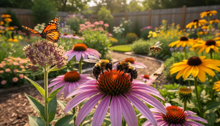 Native flowers with pollinators, with a gardener tending the plants in the foreground.
