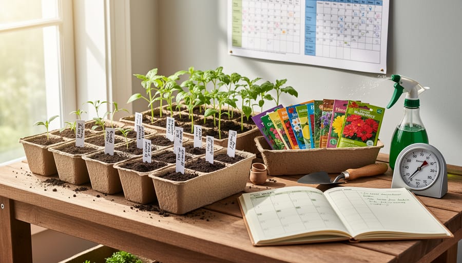 Close-up of a gardener’s hands organizing seed packets and a notebook beside small seedlings in a garden planning session.