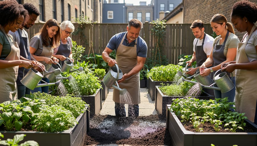 Instructors and beginner gardeners watering leafy plants in an urban container garden during a workshop.