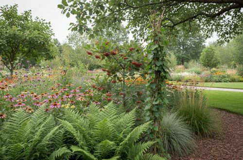 Layered native Canadian plants in a backyard garden with ferns, flowering perennials, shrubs, and climbing vines supporting pollinators