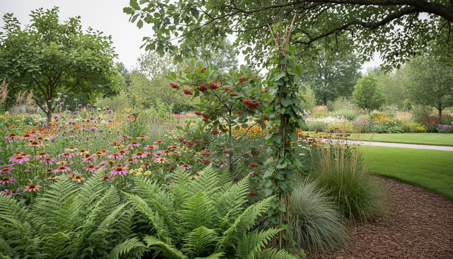 Layered native Canadian plants in a backyard garden with ferns, flowering perennials, shrubs, and climbing vines supporting pollinators