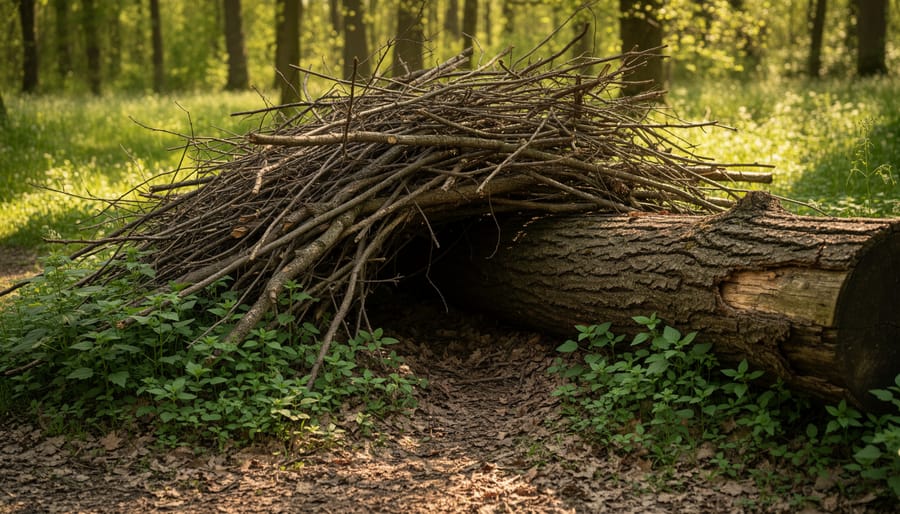 Brush pile and natural log habitat feature near a wildlife-friendly fire pit garden