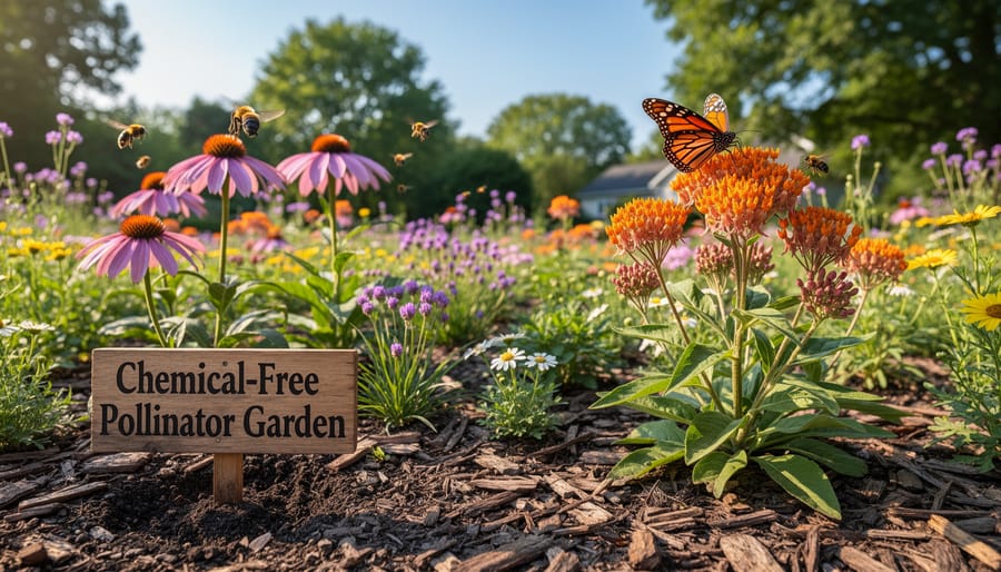 Bee foraging on native flowers in a wildlife-friendly garden with mulch and leaf litter