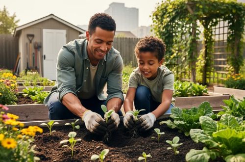 “Neighbors kneeling together in a community garden, planting seedlings in raised beds with vibrant green plants and flowers.”