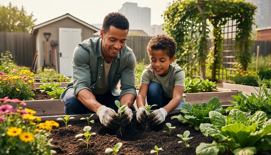 “Neighbors kneeling together in a community garden, planting seedlings in raised beds with vibrant green plants and flowers.”