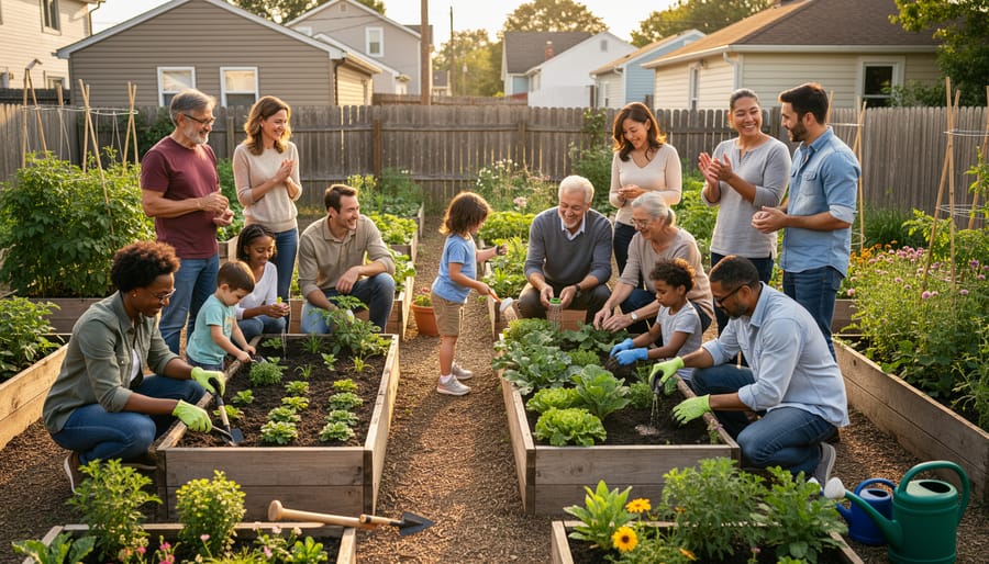 A group of neighbors talking and working in a community raised-bed garden with leafy plants in the background.