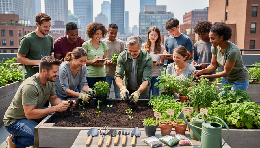 Volunteers and an educator holding gardening tools and planters during a community workshop in a raised-bed garden.
