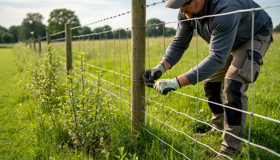 A gardener’s hands attaching wildlife-friendly fencing mesh to fence posts.