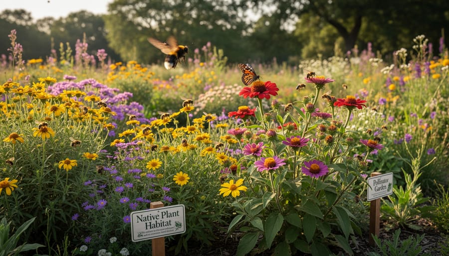 A bee feeding on a purple native flower in a wildlife garden