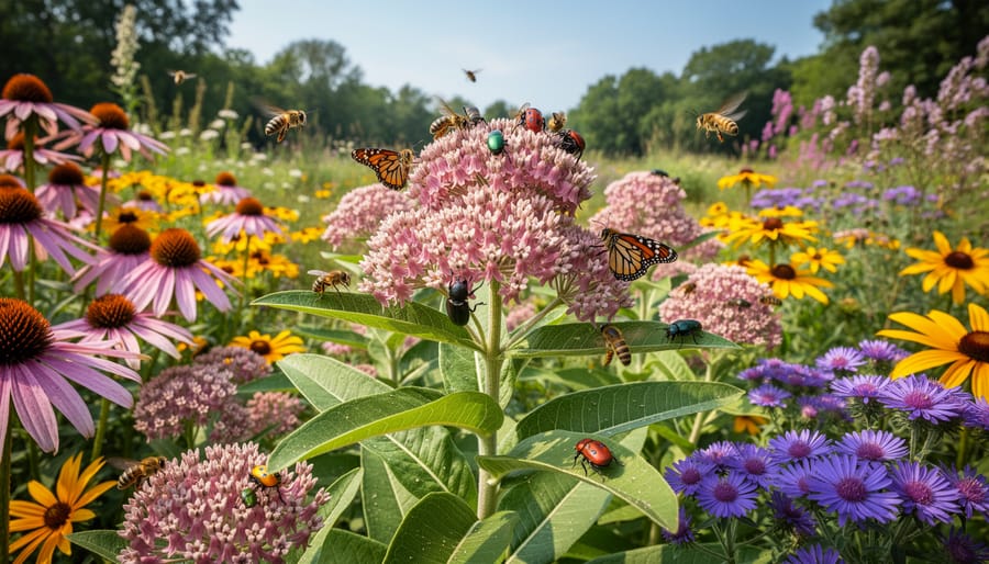 Native milkweed and other flowering plants in a wildlife garden with a monarch caterpillar on a milkweed leaf