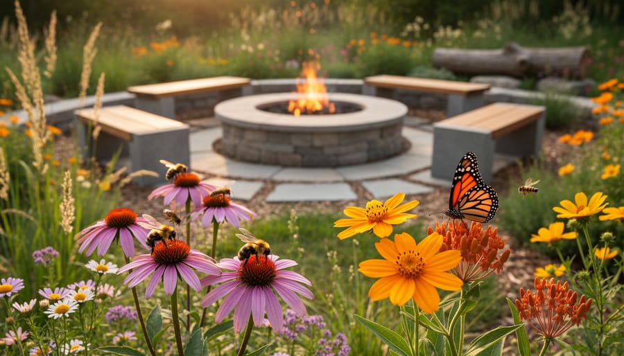 Close-up of a pollinator on a blooming native wildflower near a fire pit garden