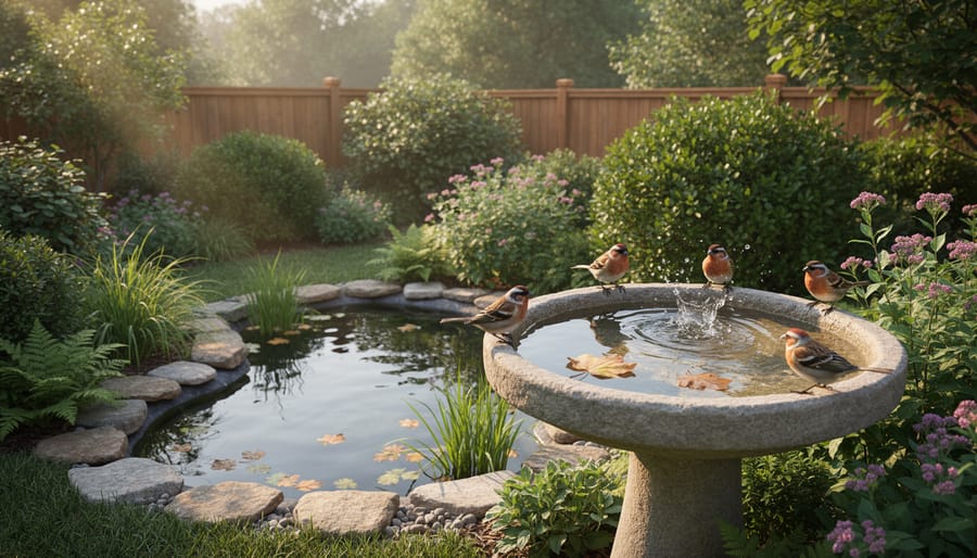 Small wildlife pond or water feature with fountain flow and surrounding rocks and native plants