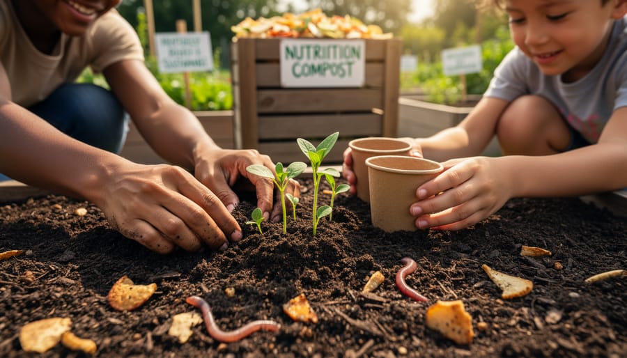 A volunteer’s hands holding dark compost and small seedlings above a community garden bed.