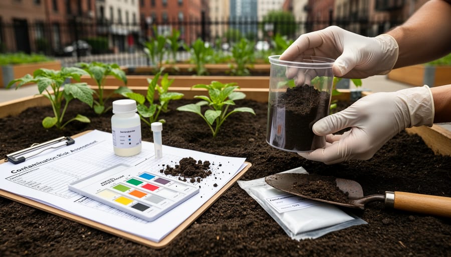 Soil testing materials and a small trowel next to dark soil in an urban raised garden bed.