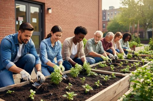 Volunteers kneeling and planting herbs in raised garden beds in a community urban garden with seedlings and greenery in view.