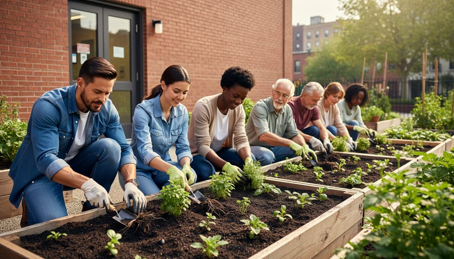 Volunteers kneeling and planting herbs in raised garden beds in a community urban garden with seedlings and greenery in view.