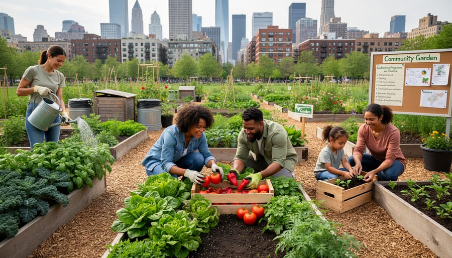 Raised garden beds with leafy greens and flowers in a city park during daytime, with a few community members gathered nearby.