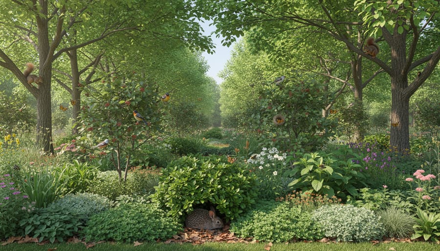 Vertical layered native garden with low plants, mid-height flowers, and a small tree in golden hour sunlight