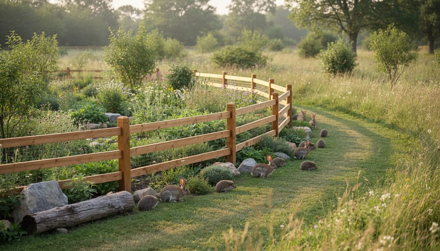 A rabbit and a deer near a wildlife-friendly fence line beside a garden.