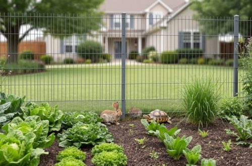 Wildlife-friendly mesh fencing along the base of a residential garden, with a small rabbit and box turtle near an open lower gap in the fence.