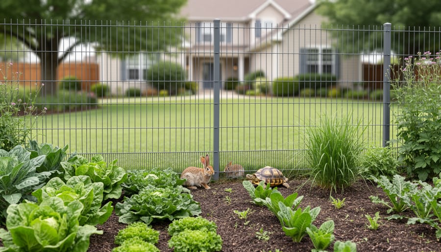 Wildlife-friendly mesh fencing along the base of a residential garden, with a small rabbit and box turtle near an open lower gap in the fence.