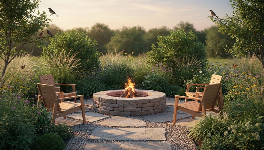 Backyard outdoor fire pit surrounded by native groundcovers and flowering plants