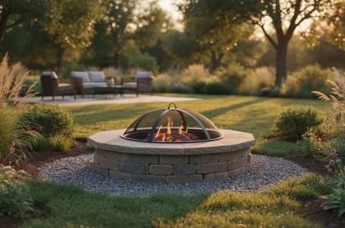 Stone outdoor fire pit with a spark screen surrounded by native grasses, shrubs, and heat-tolerant ground cover in a backyard landscape at golden hour.