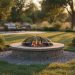 Stone outdoor fire pit with a spark screen surrounded by native grasses, shrubs, and heat-tolerant ground cover in a backyard landscape at golden hour.