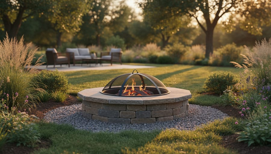 Stone outdoor fire pit with a spark screen surrounded by native grasses, shrubs, and heat-tolerant ground cover in a backyard landscape at golden hour.