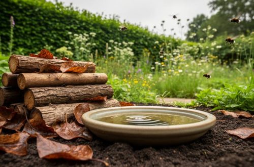 Ground-level view of a wildlife garden with a log pile, leaf litter, a shallow water dish, and native hedge vegetation supporting insects and small wildlife.