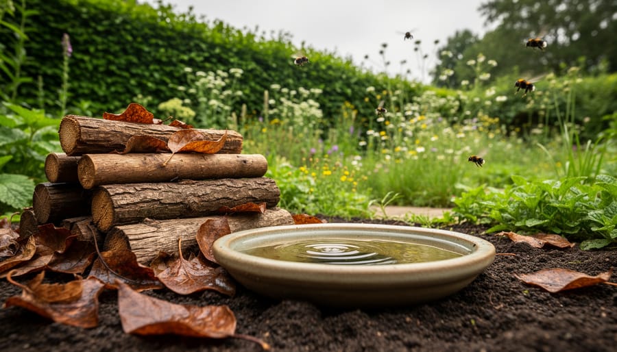 Ground-level view of a wildlife garden with a log pile, leaf litter, a shallow water dish, and native hedge vegetation supporting insects and small wildlife.