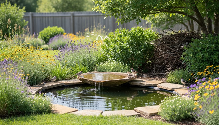 Wildlife garden corner with a shallow bird bath, native flowering plants, and a small brush pile for cover