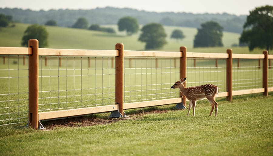 Close-up of wildlife-friendly fence mesh showing safe spacing and visibility features near the bottom.