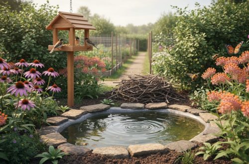 Wildlife garden scene featuring a bird feeder near a small pond, native flowering plants, and dense shrubs providing shelter for birds and pollinators.