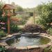 Wildlife garden scene featuring a bird feeder near a small pond, native flowering plants, and dense shrubs providing shelter for birds and pollinators.