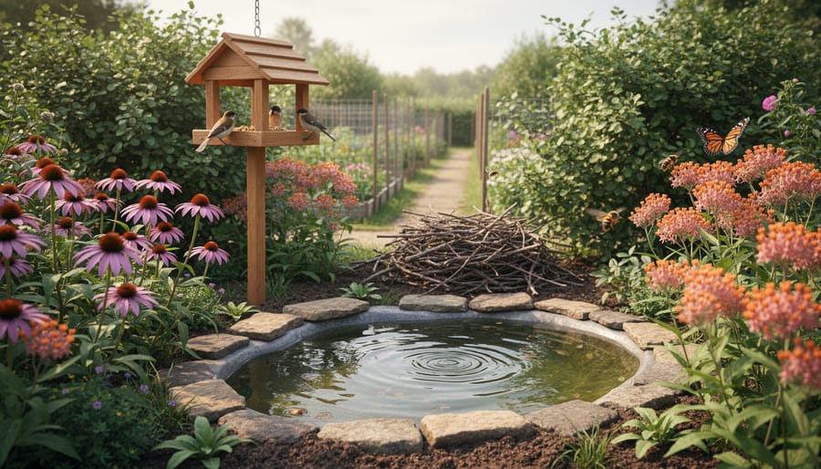 Wildlife garden scene featuring a bird feeder near a small pond, native flowering plants, and dense shrubs providing shelter for birds and pollinators.