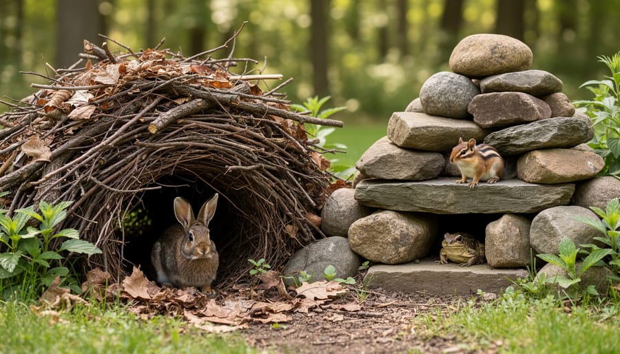 Brush pile and rocks near a birdhouse creating shelter in a wildlife-friendly garden