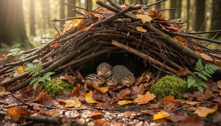 Brush pile and logs in a wildlife-friendly garden corner providing shelter and nesting material