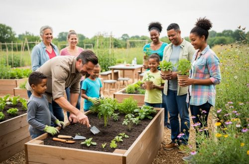 Diverse neighbors and children gathered at shared raised garden beds, hands-on planting seedlings and learning sustainable gardening techniques in an outdoor community garden.