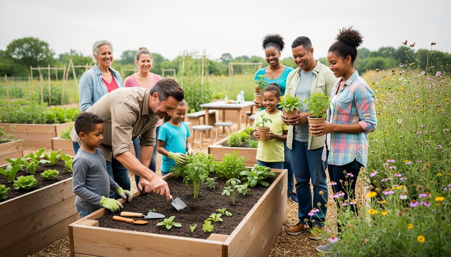 Diverse neighbors and children gathered at shared raised garden beds, hands-on planting seedlings and learning sustainable gardening techniques in an outdoor community garden.