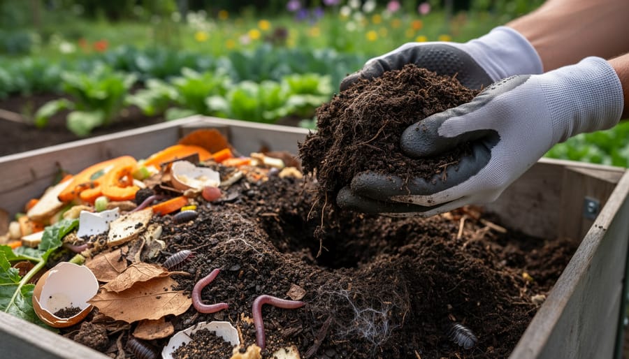 Close-up of finished compost near a compost bin with earthworms visible